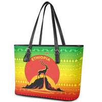 Ethiopia Christmas Leather Tote Bag with Mountain Gazelle Sunset Ethiopian Flag Colors and Tribal Pattern Design - Wonder Print Shop