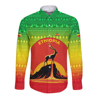 Ethiopia Christmas Long Sleeve Button Shirt with Mountain Gazelle Sunset Ethiopian Flag Colors and Tribal Pattern Design - Wonder Print Shop