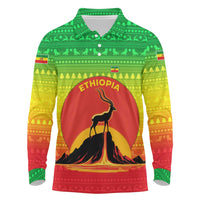 Ethiopia Christmas Long Sleeve Polo Shirt with Mountain Gazelle Sunset Ethiopian Flag Colors and Tribal Pattern Design - Wonder Print Shop