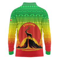 Ethiopia Christmas Long Sleeve Polo Shirt with Mountain Gazelle Sunset Ethiopian Flag Colors and Tribal Pattern Design - Wonder Print Shop