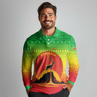 Ethiopia Christmas Long Sleeve Polo Shirt with Mountain Gazelle Sunset Ethiopian Flag Colors and Tribal Pattern Design - Wonder Print Shop