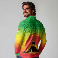 Ethiopia Christmas Long Sleeve Polo Shirt with Mountain Gazelle Sunset Ethiopian Flag Colors and Tribal Pattern Design - Wonder Print Shop
