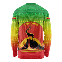 Ethiopia Christmas Long Sleeve Shirt with Mountain Gazelle Sunset Ethiopian Flag Colors and Tribal Pattern Design - Wonder Print Shop