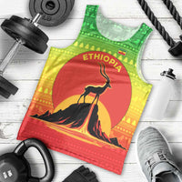 Ethiopia Christmas Men Tank Top with Mountain Gazelle Sunset Ethiopian Flag Colors and Tribal Pattern Design - Wonder Print Shop