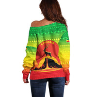 Ethiopia Christmas Off Shoulder Sweater with Mountain Gazelle Sunset Ethiopian Flag Colors and Tribal Pattern Design - Wonder Print Shop
