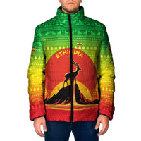 Ethiopia Christmas Padded Jacket with Mountain Gazelle Sunset Ethiopian Flag Colors and Tribal Pattern Design - Wonder Print Shop