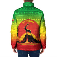 Ethiopia Christmas Padded Jacket with Mountain Gazelle Sunset Ethiopian Flag Colors and Tribal Pattern Design - Wonder Print Shop