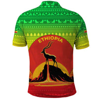 Ethiopia Christmas Polo Shirt with Mountain Gazelle Sunset Ethiopian Flag Colors and Tribal Pattern Design - Wonder Print Shop