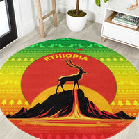 Ethiopia Christmas Round Carpet with Mountain Gazelle Sunset Ethiopian Flag Colors and Tribal Pattern Design - Wonder Print Shop