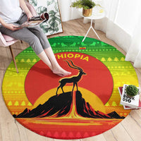 Ethiopia Christmas Round Carpet with Mountain Gazelle Sunset Ethiopian Flag Colors and Tribal Pattern Design - Wonder Print Shop
