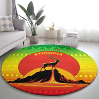 Ethiopia Christmas Round Carpet with Mountain Gazelle Sunset Ethiopian Flag Colors and Tribal Pattern Design - Wonder Print Shop