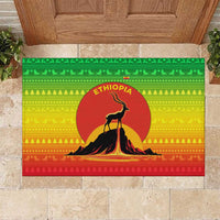 Ethiopia Christmas Rubber Doormat with Mountain Gazelle Sunset Ethiopian Flag Colors and Tribal Pattern Design - Wonder Print Shop