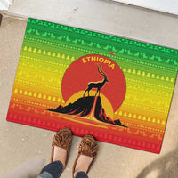 Ethiopia Christmas Rubber Doormat with Mountain Gazelle Sunset Ethiopian Flag Colors and Tribal Pattern Design - Wonder Print Shop