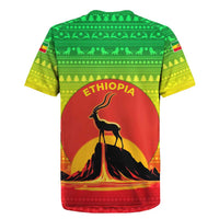 Ethiopia Christmas Rugby Jersey with Mountain Gazelle Sunset Ethiopian Flag Colors and Tribal Pattern Design - Wonder Print Shop
