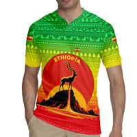 Ethiopia Christmas Rugby Jersey with Mountain Gazelle Sunset Ethiopian Flag Colors and Tribal Pattern Design - Wonder Print Shop
