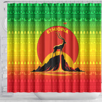 Ethiopia Christmas Shower Curtain with Mountain Gazelle Sunset Ethiopian Flag Colors and Tribal Pattern Design - Wonder Print Shop