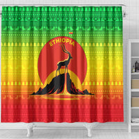 Ethiopia Christmas Shower Curtain with Mountain Gazelle Sunset Ethiopian Flag Colors and Tribal Pattern Design - Wonder Print Shop