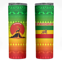 Ethiopia Christmas Skinny Tumbler with Mountain Gazelle Sunset Ethiopian Flag Colors and Tribal Pattern Design - Wonder Print Shop