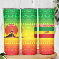 Ethiopia Christmas Skinny Tumbler with Mountain Gazelle Sunset Ethiopian Flag Colors and Tribal Pattern Design - Wonder Print Shop
