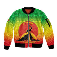 Ethiopia Christmas Sleeve Zip Bomber Jacket with Mountain Gazelle Sunset Ethiopian Flag Colors and Tribal Pattern Design - Wonder Print Shop