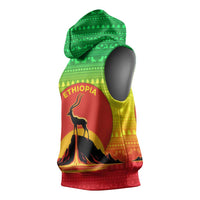 Ethiopia Christmas Sleeveless Hoodie with Mountain Gazelle Sunset Ethiopian Flag Colors and Tribal Pattern Design - Wonder Print Shop
