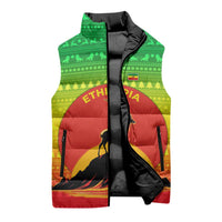 Ethiopia Christmas Sleeveless Puffer Jacket with Mountain Gazelle Sunset Ethiopian Flag Colors and Tribal Pattern Design - Wonder Print Shop