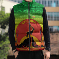 Ethiopia Christmas Sleeveless Puffer Jacket with Mountain Gazelle Sunset Ethiopian Flag Colors and Tribal Pattern Design - Wonder Print Shop