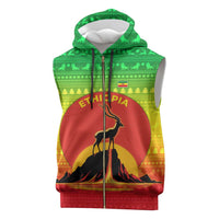 Ethiopia Christmas Sleeveless Zip Hoodie with Mountain Gazelle Sunset Ethiopian Flag Colors and Tribal Pattern Design - Wonder Print Shop