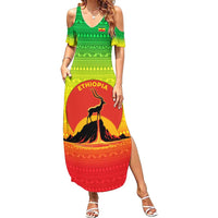 Ethiopia Christmas Summer Maxi Dress with Mountain Gazelle Sunset Ethiopian Flag Colors and Tribal Pattern Design - Wonder Print Shop
