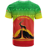 Ethiopia Christmas T Shirt with Mountain Gazelle Sunset Ethiopian Flag Colors and Tribal Pattern Design - Wonder Print Shop
