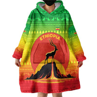 Ethiopia Christmas Wearable Blanket Hoodie with Mountain Gazelle Sunset Ethiopian Flag Colors and Tribal Pattern Design - Wonder Print Shop