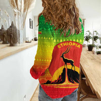 Ethiopia Christmas Women Casual Shirt with Mountain Gazelle Sunset Ethiopian Flag Colors and Tribal Pattern Design - Wonder Print Shop
