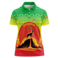 Ethiopia Christmas Women Polo Shirt with Mountain Gazelle Sunset Ethiopian Flag Colors and Tribal Pattern Design - Wonder Print Shop