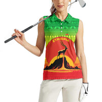 Ethiopia Christmas Women Sleeveless Polo Shirt with Mountain Gazelle Sunset Ethiopian Flag Colors and Tribal Pattern Design - Wonder Print Shop
