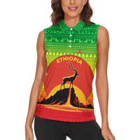Ethiopia Christmas Women Sleeveless Polo Shirt with Mountain Gazelle Sunset Ethiopian Flag Colors and Tribal Pattern Design - Wonder Print Shop