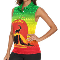 Ethiopia Christmas Women Sleeveless Polo Shirt with Mountain Gazelle Sunset Ethiopian Flag Colors and Tribal Pattern Design - Wonder Print Shop