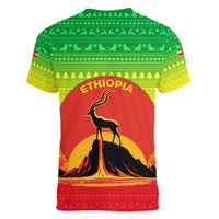 Ethiopia Christmas Women V-Neck T-Shirt with Mountain Gazelle Sunset Ethiopian Flag Colors and Tribal Pattern Design - Wonder Print Shop