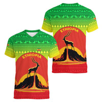 Ethiopia Christmas Women V-Neck T-Shirt with Mountain Gazelle Sunset Ethiopian Flag Colors and Tribal Pattern Design - Wonder Print Shop