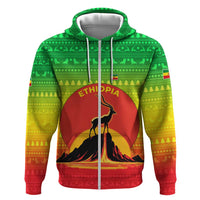 Ethiopia Christmas Zip Hoodie with Mountain Gazelle Sunset Ethiopian Flag Colors and Tribal Pattern Design - Wonder Print Shop