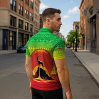 Ethiopia Christmas Zipper Polo Shirt with Mountain Gazelle Sunset Ethiopian Flag Colors and Tribal Pattern Design - Wonder Print Shop