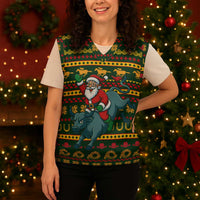 Amazing Cowboy Santa Claus Christmas Knitted V-Neck Vest Xmas Holiday Patterns - Wonder Print Shop