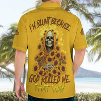 Yellow Hawaiian button-up shirt with back skull-and-sunflower reaper artwork