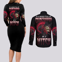 In A World Full Of Princesses Be A Witch Rose Skull Couples Matching Long Sleeve Bodycon Dress and Long Sleeve Button Shirt - Wonder Print Shop