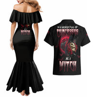 In A World Full Of Princesses Be A Witch Rose Skull Couples Matching Mermaid Dress and Hawaiian Shirt - Wonder Print Shop