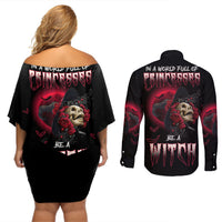 In A World Full Of Princesses Be A Witch Rose Skull Couples Matching Off Shoulder Short Dress and Long Sleeve Button Shirt - Wonder Print Shop