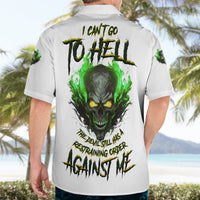 White short-sleeve button-up Hawaiian shirt with green skull back graphic