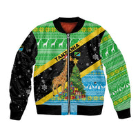 Tanzania Christmas Bomber Jacket with Giraffe Christmas Tree Snowflakes and Flag - Wonder Print Shop