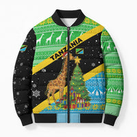 Tanzania Christmas Bomber Puffer Jacket with Giraffe Christmas Tree Snowflakes and Flag - Wonder Print Shop