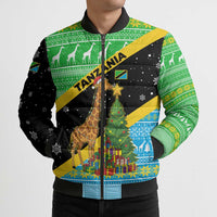 Tanzania Christmas Bomber Puffer Jacket with Giraffe Christmas Tree Snowflakes and Flag - Wonder Print Shop