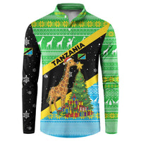 Tanzania Christmas Button Sweatshirt with Giraffe Christmas Tree Snowflakes and Flag - Wonder Print Shop